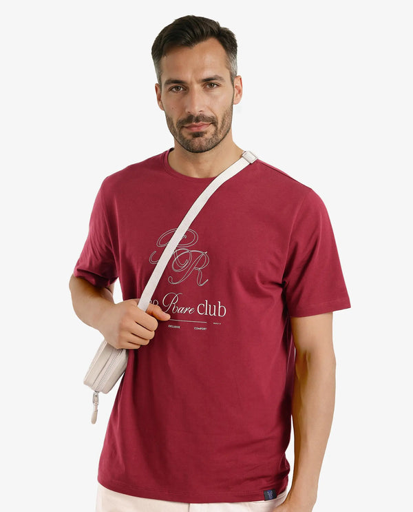 Rare Rabbit Men Vin Red Cotton Lycra Fabric Short Sleeve Crew Neck Regular Fit Printed T-Shirt