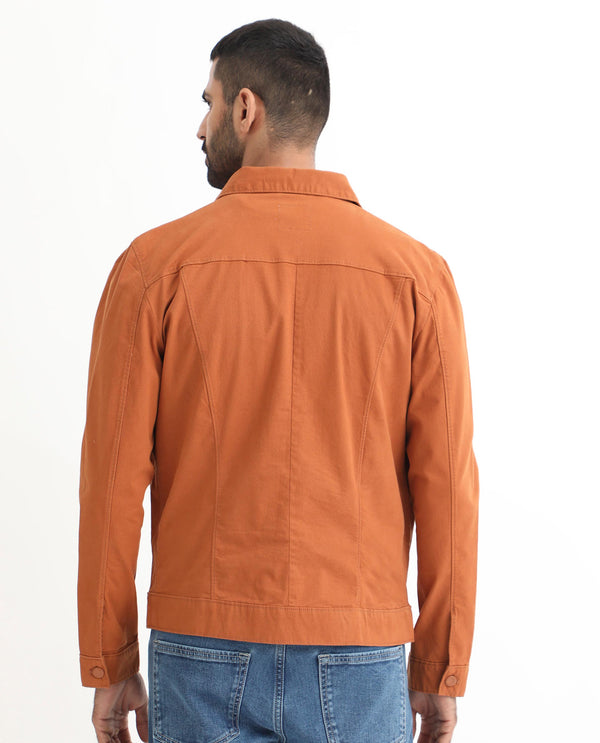 Rare Rabbit Men's Vintage Dark Rust Plain Denim Trucker Jacket