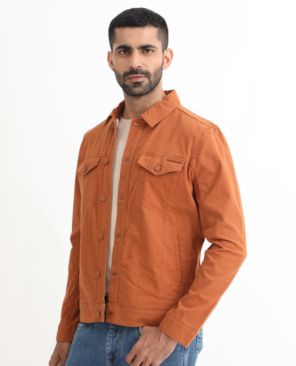 Rare Rabbit Men's Vintage Dark Rust Plain Denim Trucker Jacket