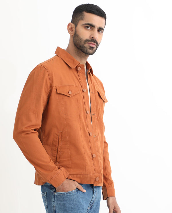 Rare Rabbit Men's Vintage Dark Rust Plain Denim Trucker Jacket
