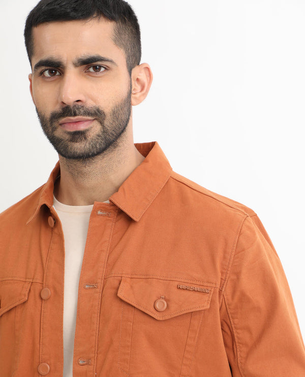 Rare Rabbit Men's Vintage Dark Rust Plain Denim Trucker Jacket
