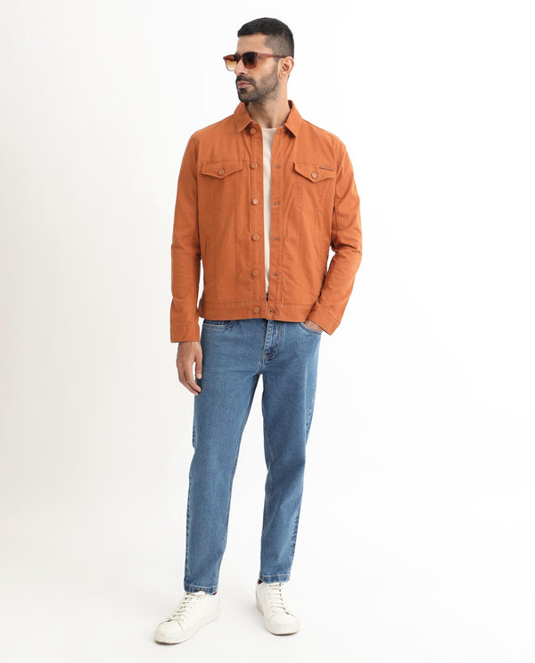 Rare Rabbit Men's Vintage Dark Rust Plain Denim Trucker Jacket