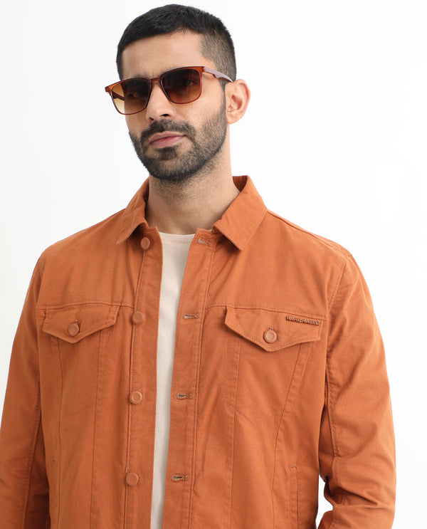 Rare Rabbit Men's Vintage Dark Rust Plain Denim Trucker Jacket