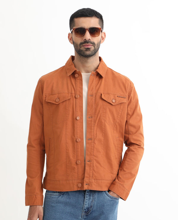 Rare Rabbit Men's Vintage Dark Rust Plain Denim Trucker Jacket