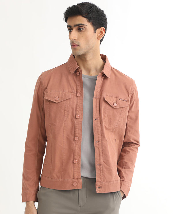 Rare Rabbit Men's Vintage Dusky Red Plain Denim Trucker Jacket