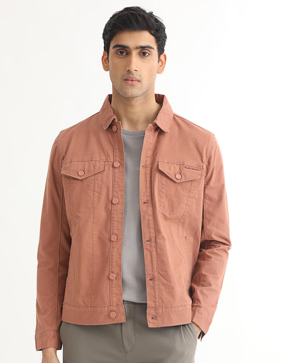 Rare Rabbit Men's Vintage Dusky Red Plain Denim Trucker Jacket