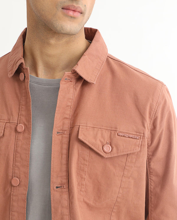 Rare Rabbit Men's Vintage Dusky Red Plain Denim Trucker Jacket