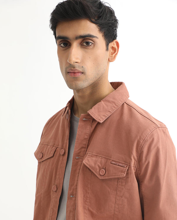 Rare Rabbit Men's Vintage Dusky Red Plain Denim Trucker Jacket