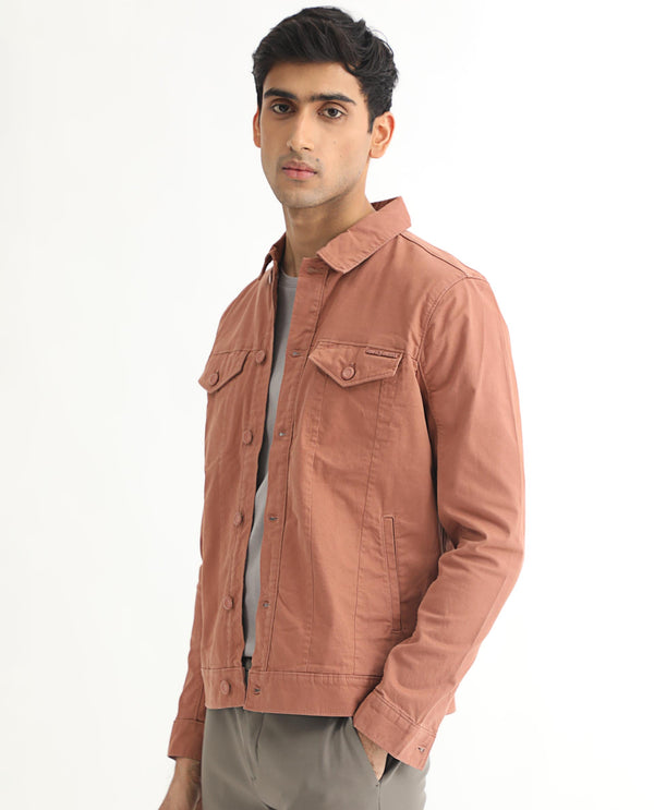 Rare Rabbit Men's Vintage Dusky Red Plain Denim Trucker Jacket