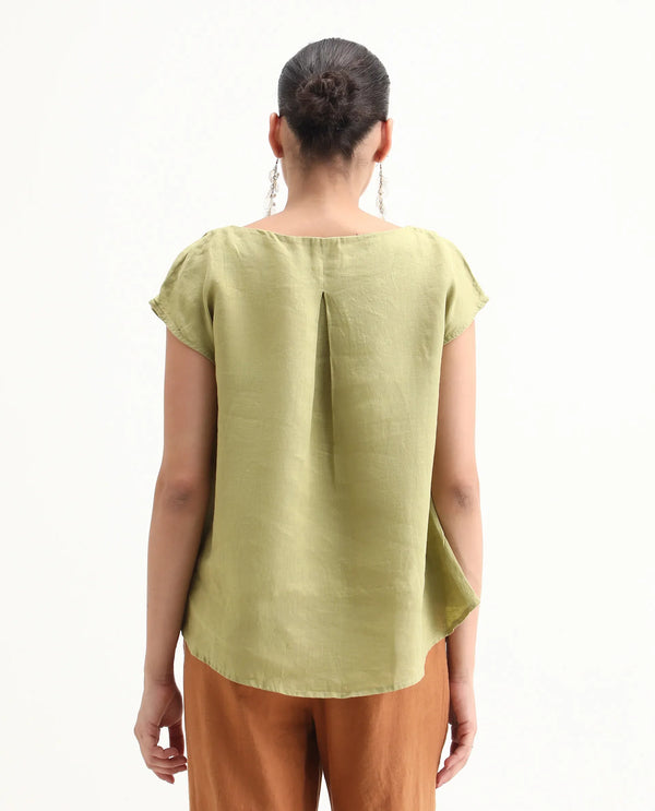 Rareism Women Vita Light Green Cotton Linen Fabric Regular Fit Boat Neck Half Sleeves Solid Top