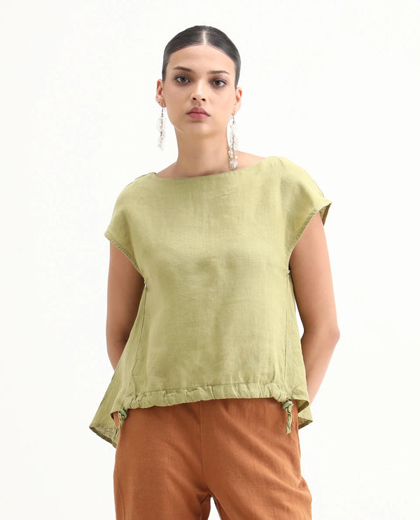 Rareism Women Vita Light Green Cotton Linen Fabric Regular Fit Boat Neck Half Sleeves Solid Top