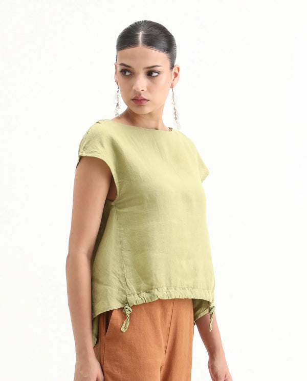 Rareism Women Vita Light Green Cotton Linen Fabric Regular Fit Boat Neck Half Sleeves Solid Top