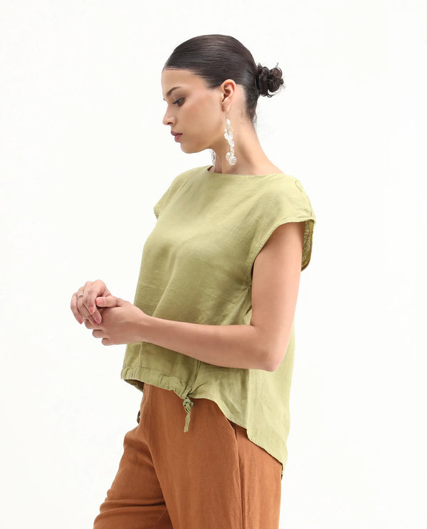 Rareism Women Vita Light Green Cotton Linen Fabric Regular Fit Boat Neck Half Sleeves Solid Top