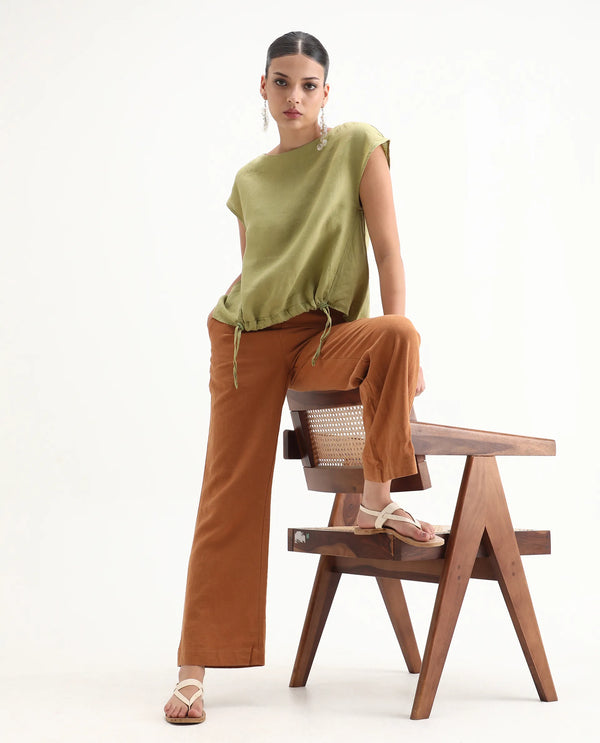Rareism Women Vita Light Green Cotton Linen Fabric Regular Fit Boat Neck Half Sleeves Solid Top