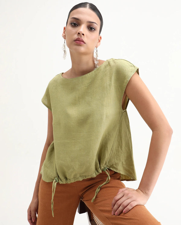 Rareism Women Vita Light Green Cotton Linen Fabric Regular Fit Boat Neck Half Sleeves Solid Top
