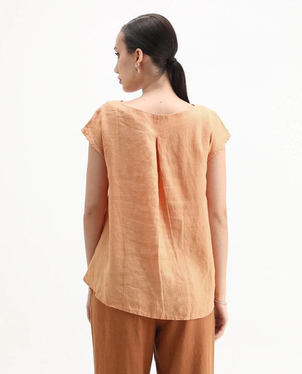 Rareism Women Vita Light Orange Cotton Linen Fabric Regular Fit Boat Neck Half Sleeves Solid Top