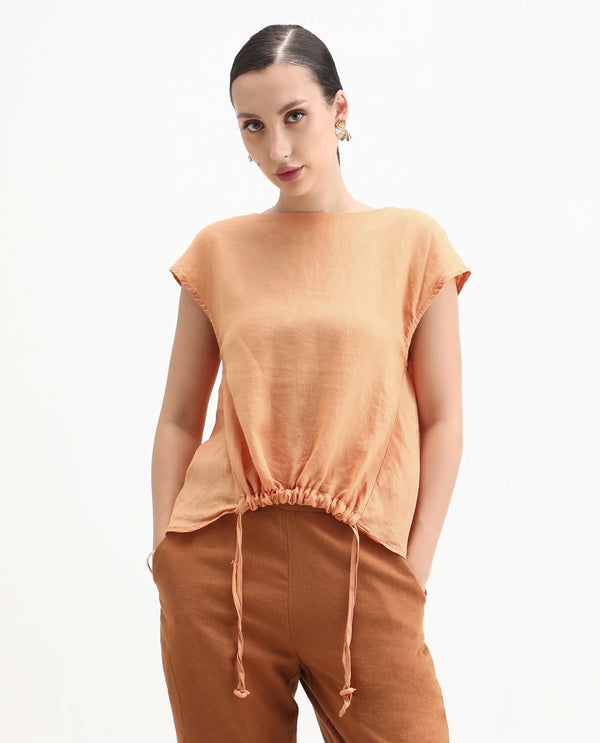 Rareism Women Vita Light Orange Cotton Linen Fabric Regular Fit Boat Neck Half Sleeves Solid Top