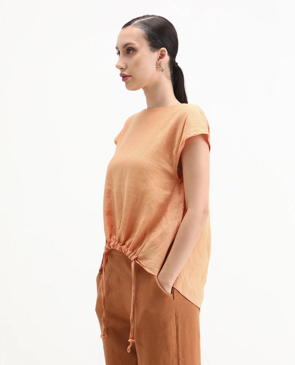 Rareism Women Vita Light Orange Cotton Linen Fabric Regular Fit Boat Neck Half Sleeves Solid Top