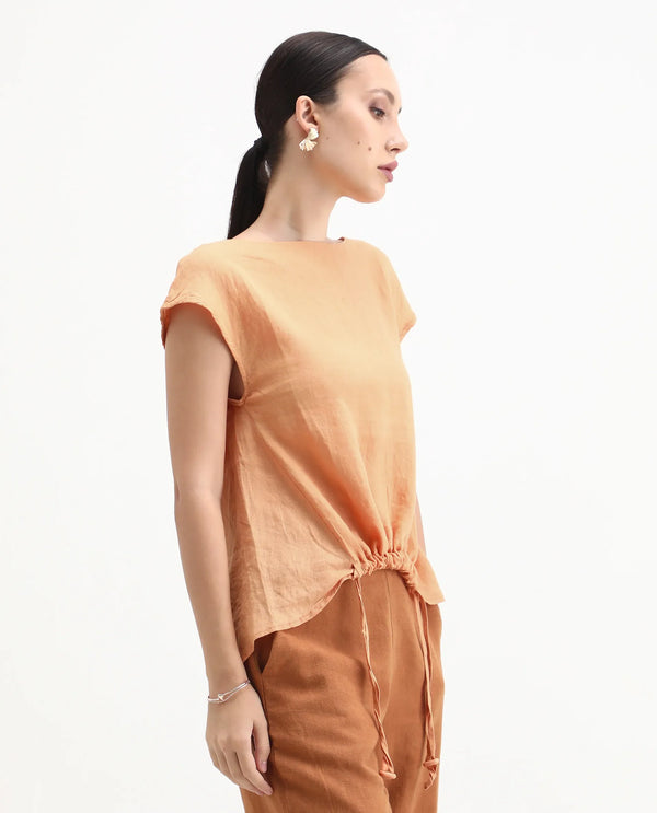 Rareism Women Vita Light Orange Cotton Linen Fabric Regular Fit Boat Neck Half Sleeves Solid Top