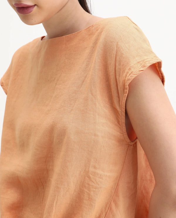 Rareism Women Vita Light Orange Cotton Linen Fabric Regular Fit Boat Neck Half Sleeves Solid Top