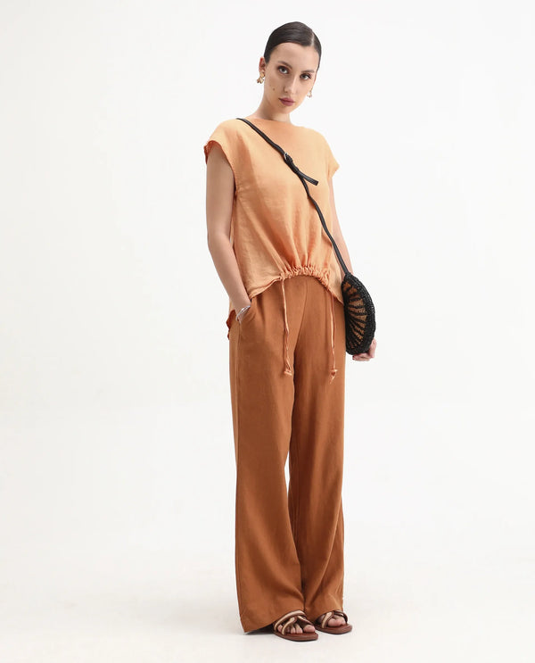 Rareism Women Vita Light Orange Cotton Linen Fabric Regular Fit Boat Neck Half Sleeves Solid Top