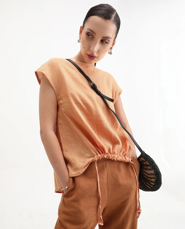 Rareism Women Vita Light Orange Cotton Linen Fabric Regular Fit Boat Neck Half Sleeves Solid Top
