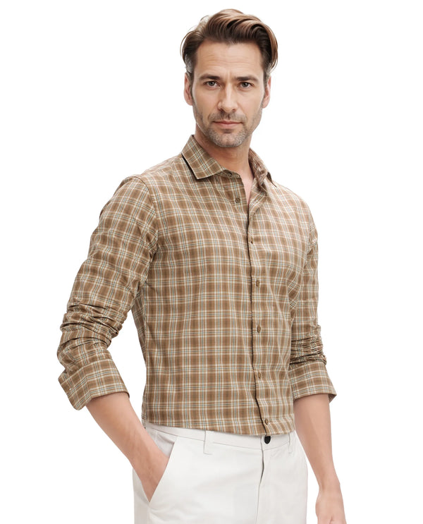 Rare Rabbit Men's Vitka Dark Brown Cotton Fabric Full Sleeve Regular Fit Checks Shirt