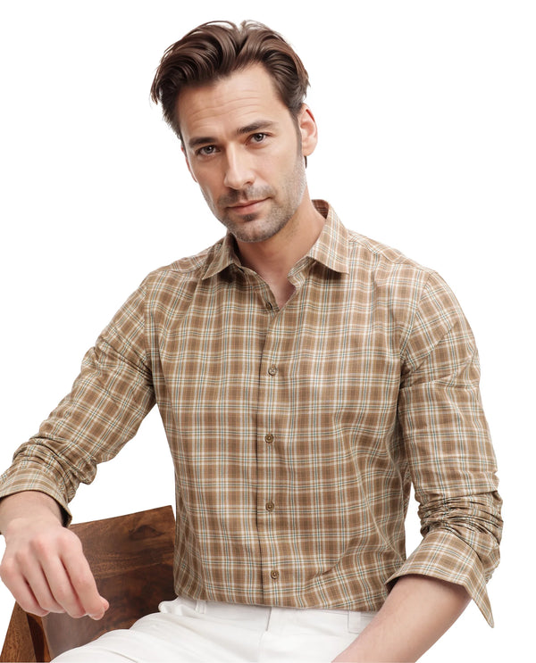 Rare Rabbit Men's Vitka Dark Brown Cotton Fabric Full Sleeve Collared Neck Checks Shirt