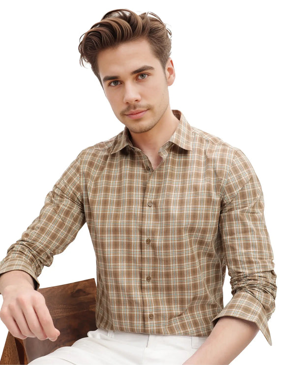 Rare Rabbit Men's Vitka Dark Brown Cotton Fabric Full Sleeve Regular Fit Checks Shirt