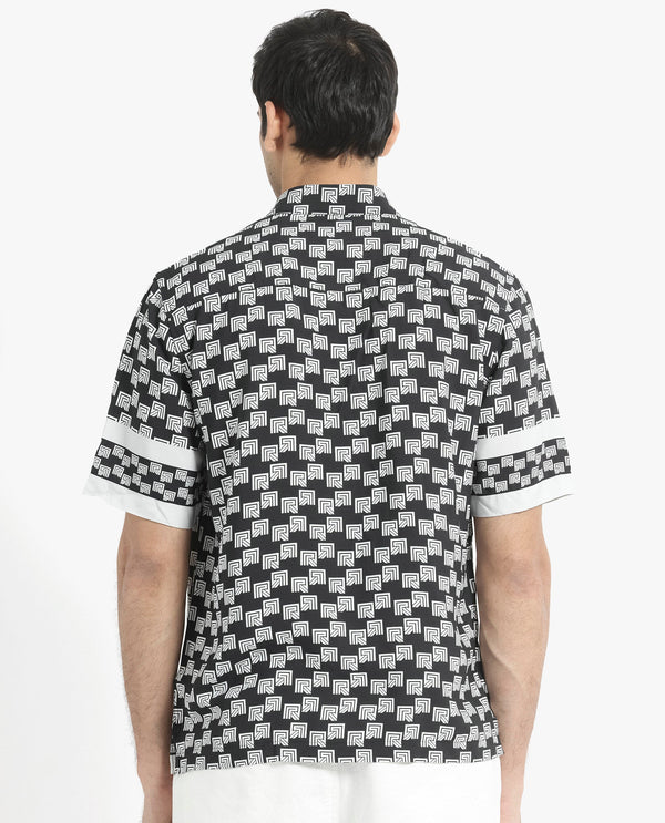 Rare Rabbit Men's Vito Black Viscose Fabric Short Sleeve Boxy Fit Monogram Print Shirt