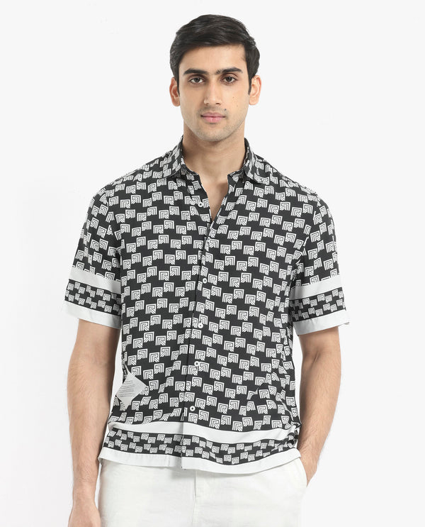 Rare Rabbit Men's Vito Black Viscose Fabric Short Sleeve Boxy Fit Monogram Print Shirt