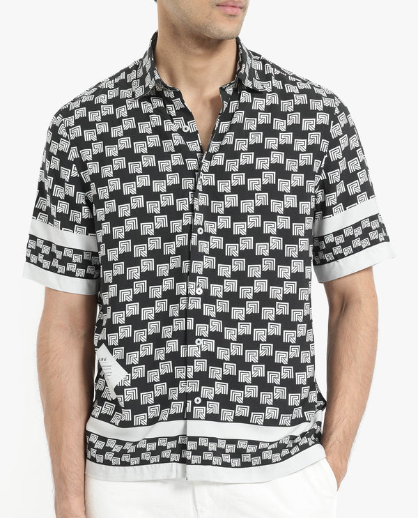 Rare Rabbit Men's Vito Black Viscose Fabric Short Sleeve Boxy Fit Monogram Print Shirt