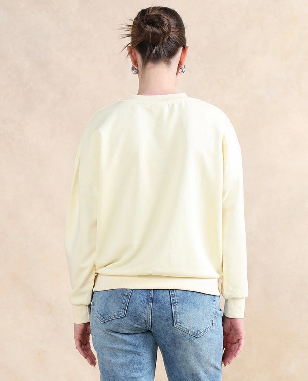 Rareism Women Vitoo Light Yellow Cotton Blend Fabric Full Sleeve Round Neck Relaxed Fit Plain Sweatshirt