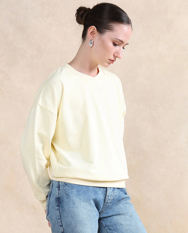 Rareism Women Vitoo Light Yellow Cotton Blend Fabric Full Sleeve Round Neck Relaxed Fit Plain Sweatshirt