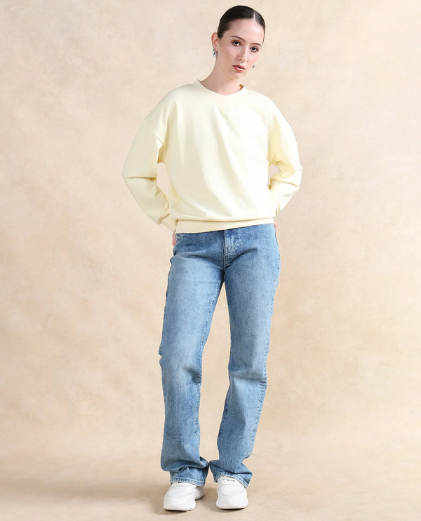 Rareism Women Vitoo Light Yellow Cotton Blend Fabric Full Sleeve Round Neck Relaxed Fit Plain Sweatshirt