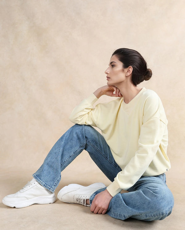 Rareism Women Vitoo Light Yellow Cotton Blend Fabric Full Sleeve Round Neck Relaxed Fit Plain Sweatshirt