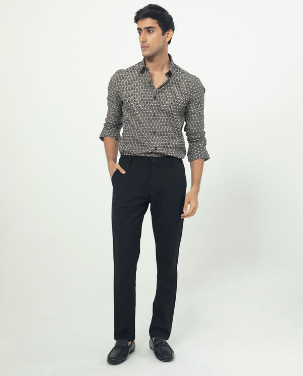 Rare Rabbit Men's Vitry Black Cotton Viscose Fabric Geometric Print Full Sleeves Shirt