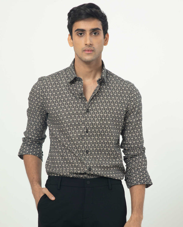 Rare Rabbit Men's Vitry Black Cotton Viscose Fabric Geometric Print Full Sleeves Shirt