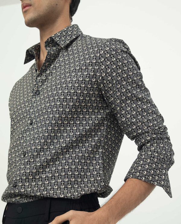 Rare Rabbit Men's Vitry Black Cotton Viscose Fabric Geometric Print Full Sleeves Shirt