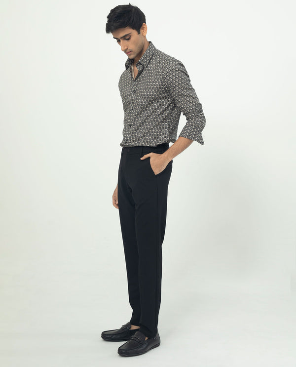 Rare Rabbit Men's Vitry Black Cotton Viscose Fabric Geometric Print Full Sleeves Shirt