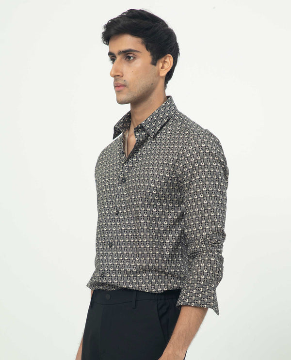 Rare Rabbit Men's Vitry Black Cotton Viscose Fabric Geometric Print Full Sleeves Shirt