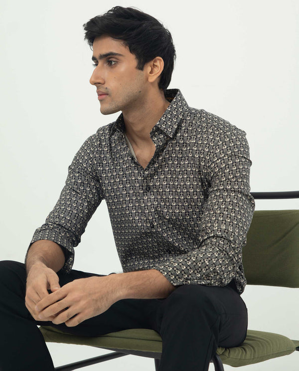Rare Rabbit Men's Vitry Black Cotton Viscose Fabric Geometric Print Full Sleeves Shirt