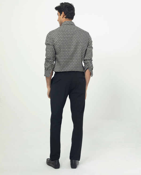 Rare Rabbit Men's Vitry Black Cotton Viscose Fabric Geometric Print Full Sleeves Shirt