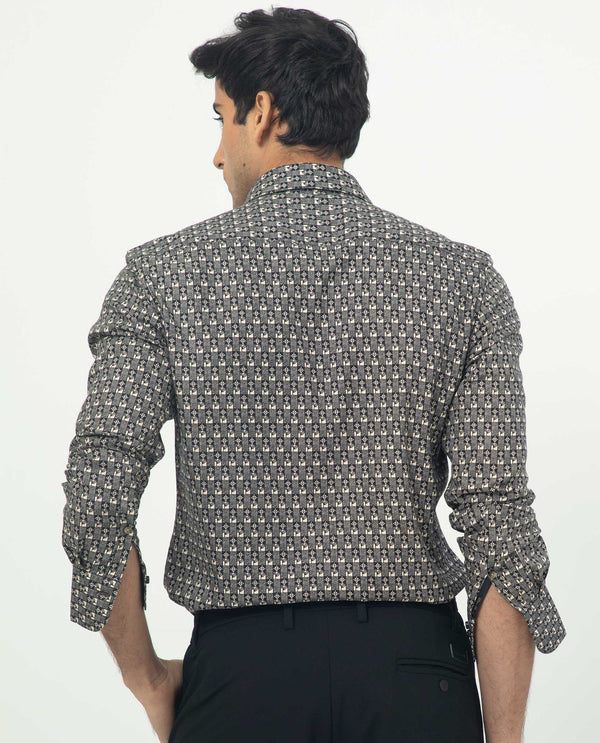 Rare Rabbit Men's Vitry Black Cotton Viscose Fabric Geometric Print Full Sleeves Shirt