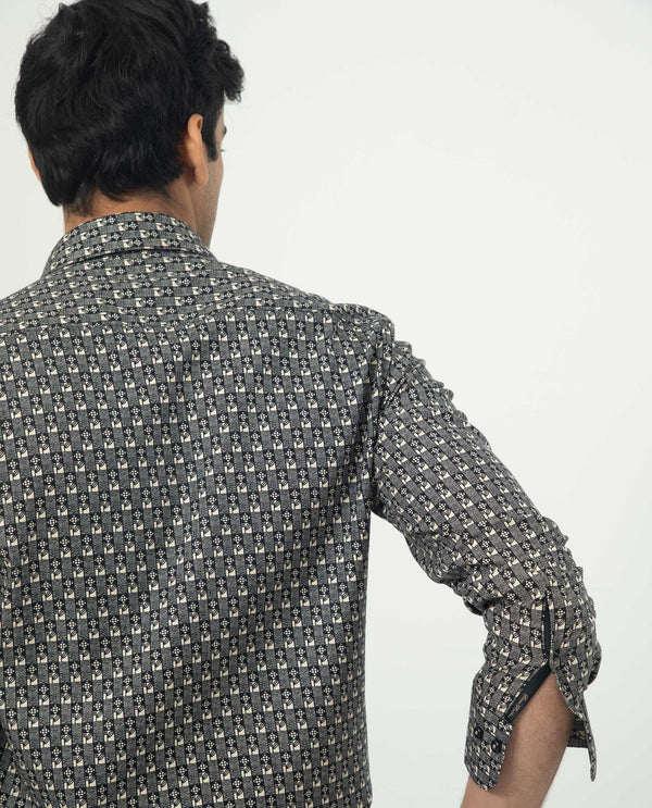 Rare Rabbit Men's Vitry Black Cotton Viscose Fabric Geometric Print Full Sleeves Shirt