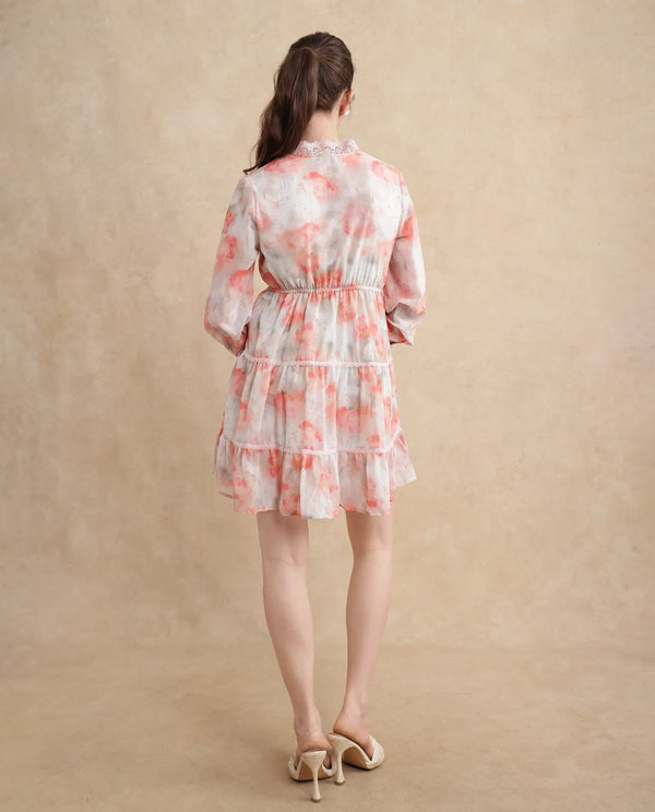 Rareism Women's Viver Off White Polyester Fabric Stand Collar Button Closure Puff Sleeve Abstract Fit And Flare Mini Dress