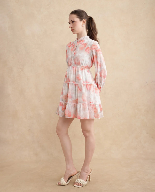 Rareism Women's Viver Off White Polyester Fabric Stand Collar Button Closure Puff Sleeve Abstract Fit And Flare Mini Dress