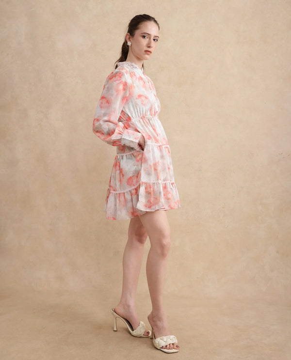 Rareism Women's Viver Off White Polyester Fabric Stand Collar Button Closure Puff Sleeve Abstract Fit And Flare Mini Dress