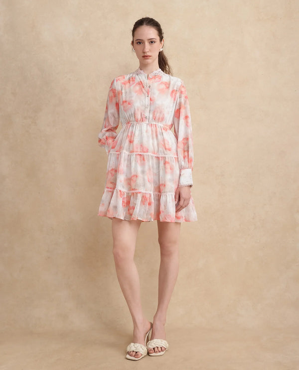Rareism Women's Viver Off White Polyester Fabric Stand Collar Button Closure Puff Sleeve Abstract Fit And Flare Mini Dress