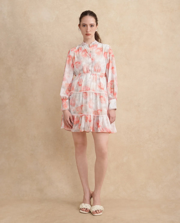 Rareism Women's Viver Off White Polyester Fabric Stand Collar Button Closure Puff Sleeve Abstract Fit And Flare Mini Dress